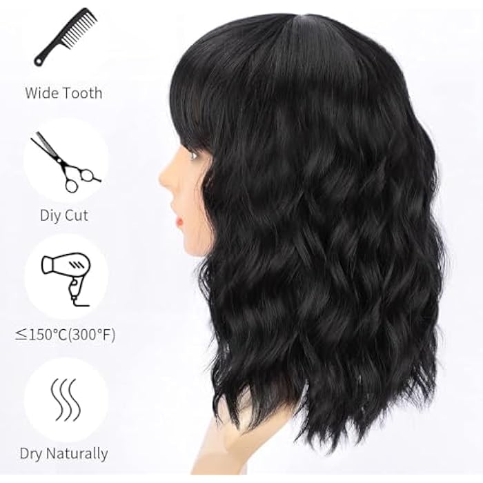 MEDIUM Bob Wavy Wigs with Bangs Shoulder Length curly Wavy Synthetic Hair with Curtain Bangs for Women Cute Natural Daily Use Hair Wig for Black Women 16 Inch -40 CM TO 45 CM-JW58-1 BLACK - Image 5